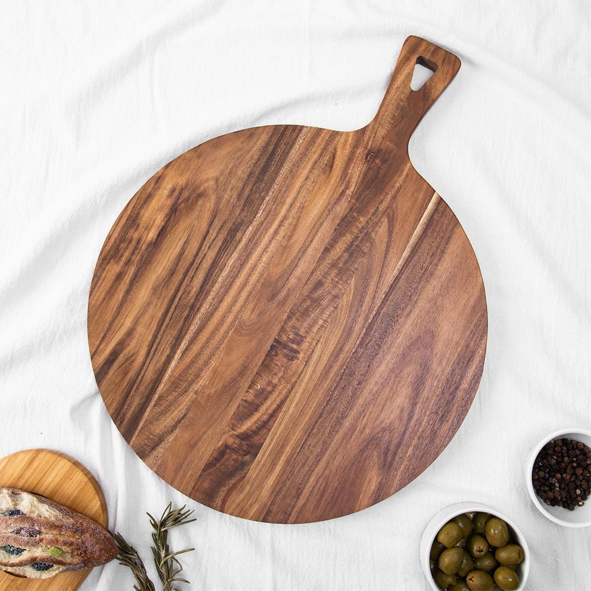 Acacia Wood Round Sustainable Pizza Board with Handle 1.5cm Thick Chopping Block for Home Kitchen