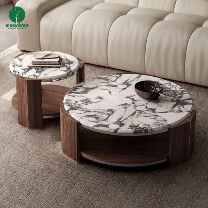 Moontree Pair of Round Marble Coffee Tables with Walnut Base