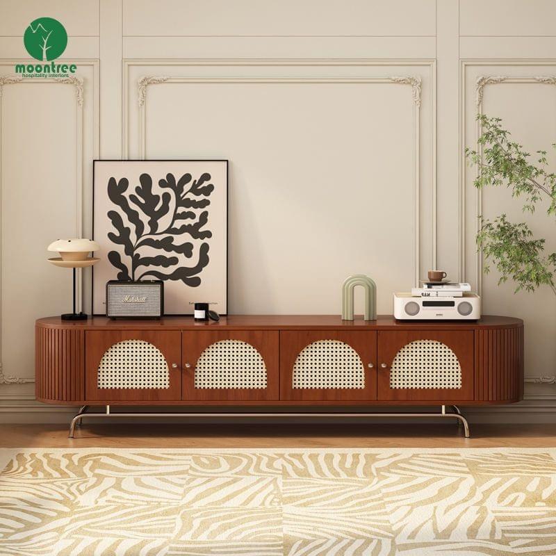 Dark Wood Arched Rattan TV Stand with LED for Modern Hotels & Villas