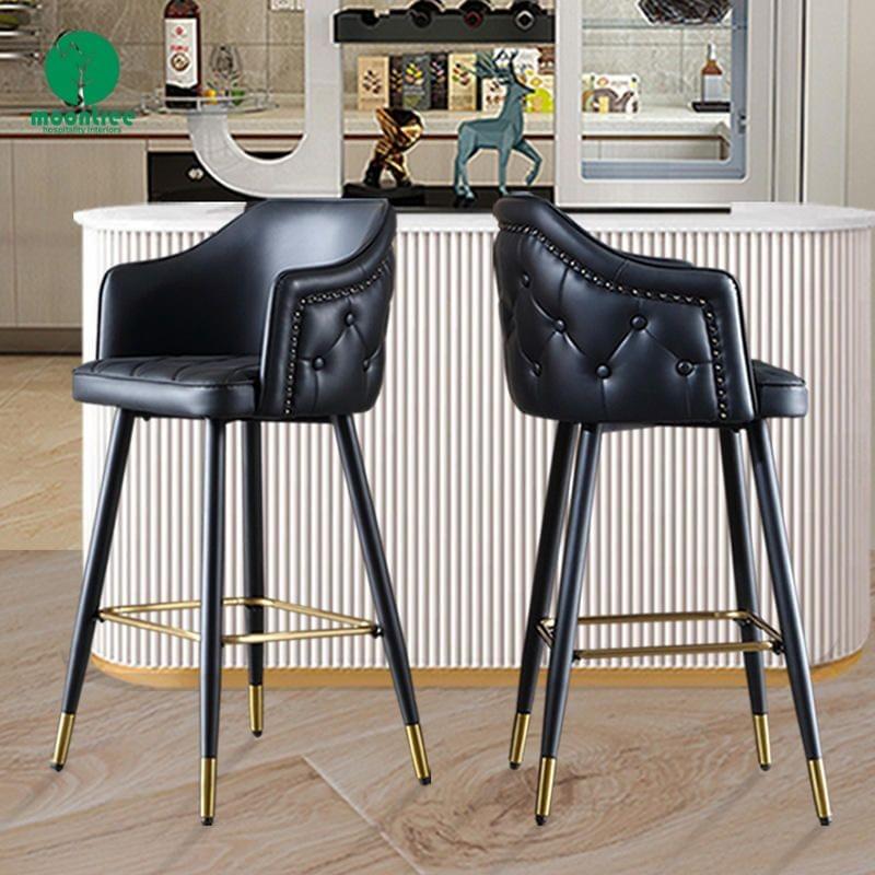 Moontree Tufted Black Real Leather Bar Stools with Gold Footrest