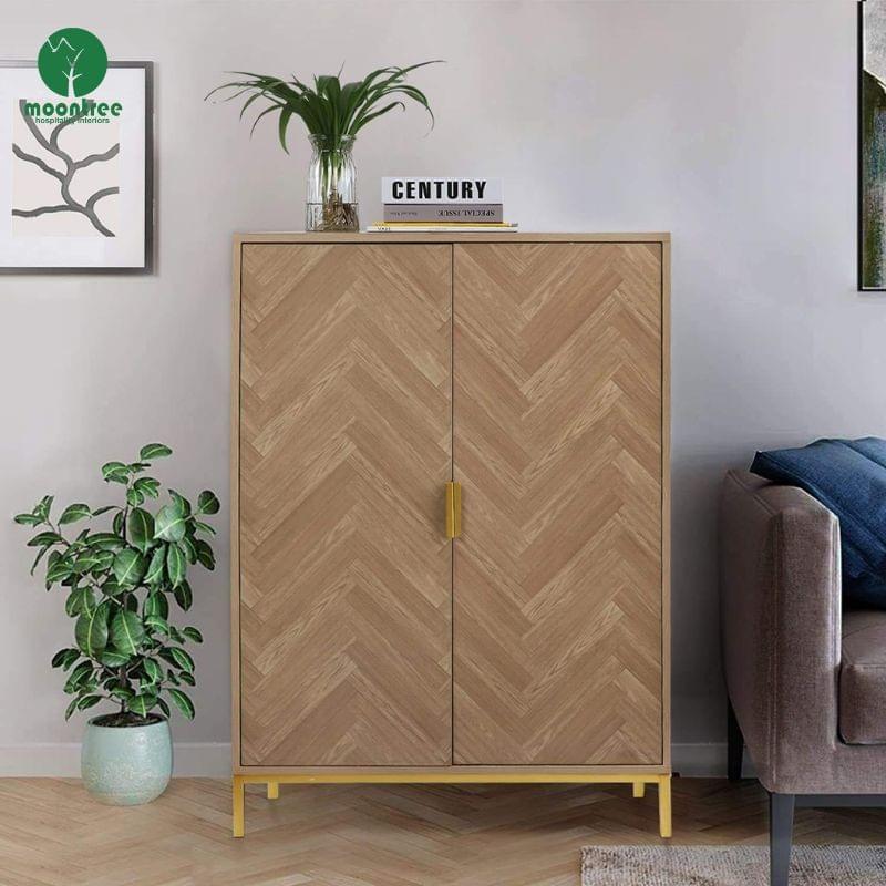 Moontree Custom Herringbone Solid Wood Hotel Wine Cabinet Mid-century Style