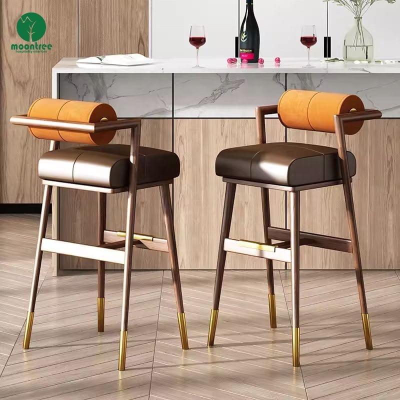 Custom Luxury Solid Wood High Bar Chair With Backrest Velvet Fabric