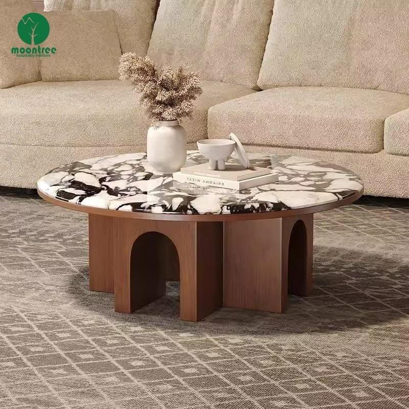 Moontree Pair of Round Marble Coffee Tables with Walnut Base