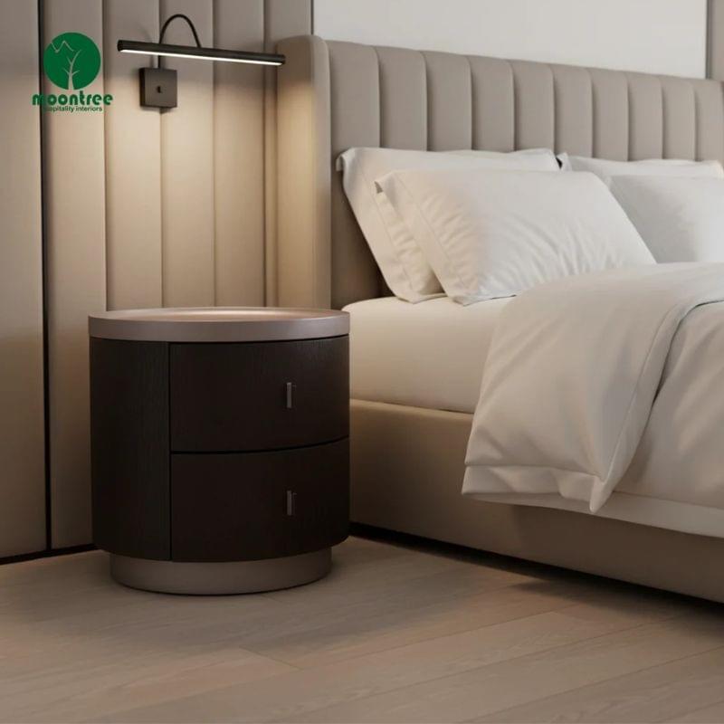 Luxury Contemporary Round Nightstand, Solid Wood for Hotel Bedroom Interiors