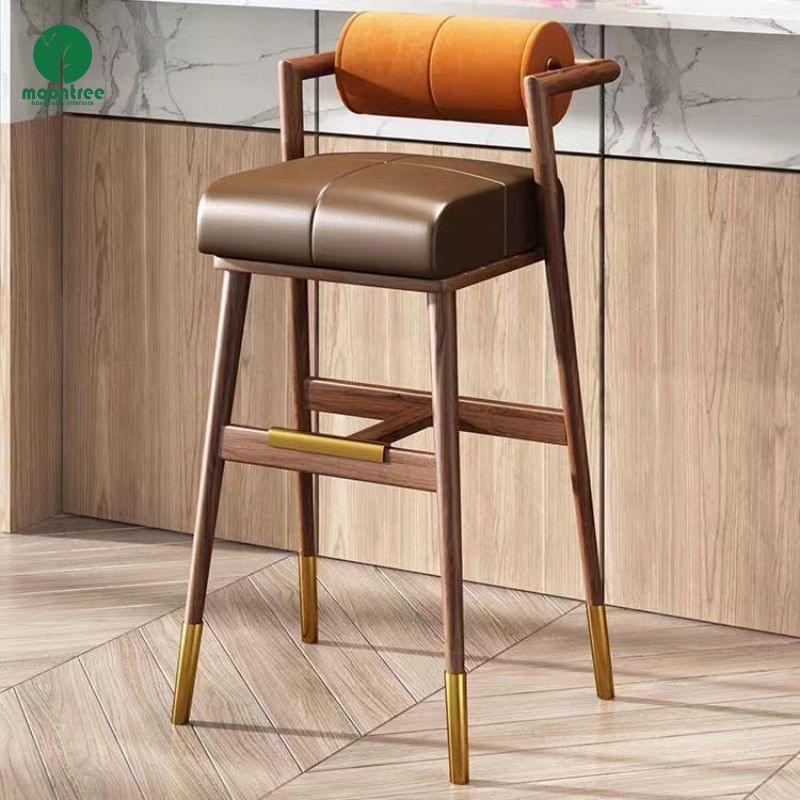 Custom Luxury Solid Wood High Bar Chair With Backrest Velvet Fabric