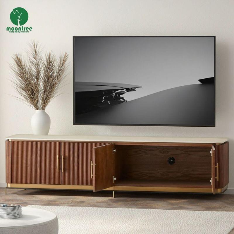 Custom Fluted Walnut TV Stand with Rounded Corners for Hotels & Villas | Moontree Furniture