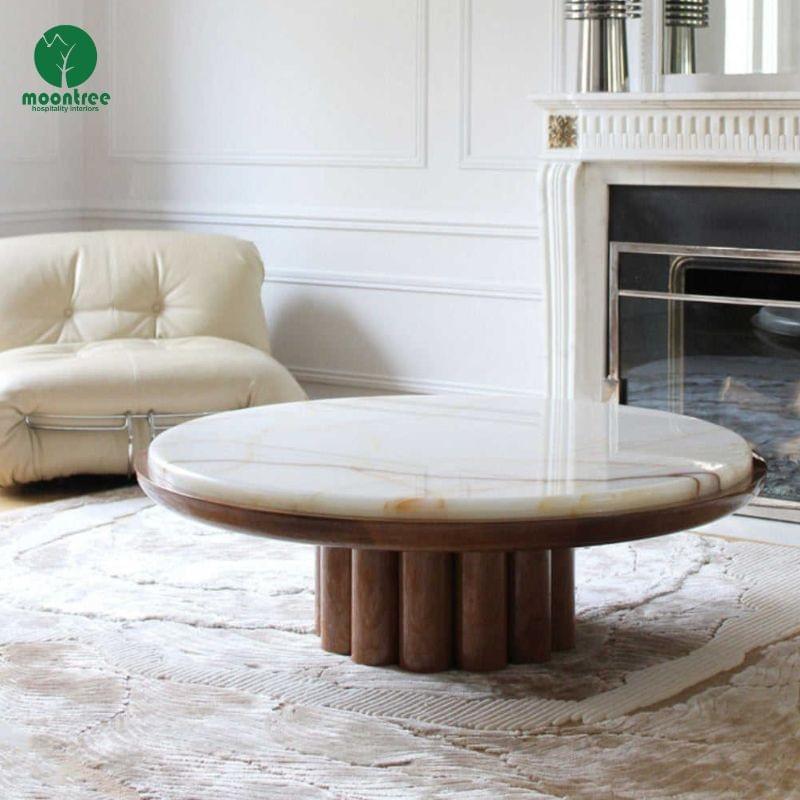 Moontree Pair of Round Marble Coffee Tables with Walnut Base
