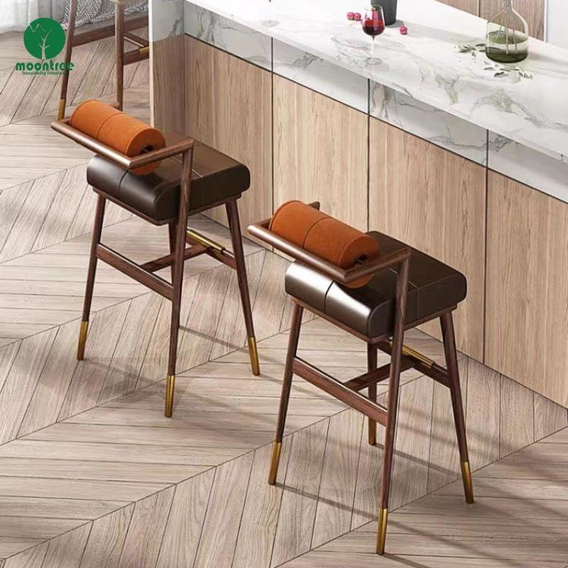 Custom Luxury Solid Wood High Bar Chair With Backrest Velvet Fabric