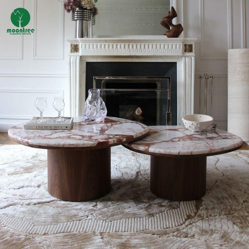 Moontree Round Onyx Coffee Table with Multi-Cylinder Walnut Base