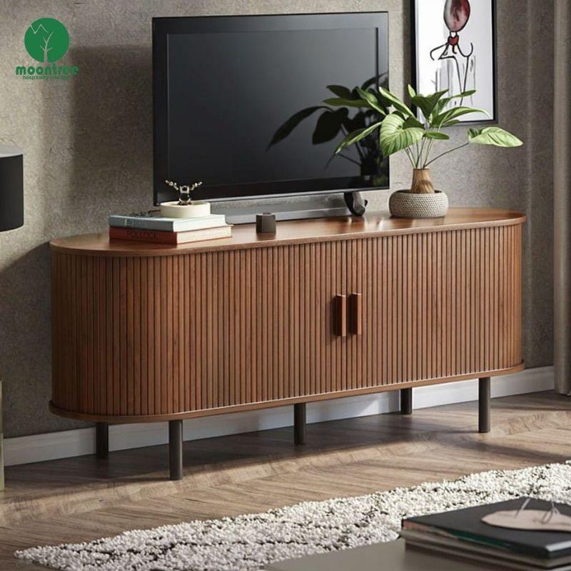 Custom Fluted Walnut TV Stand with Rounded Corners for Hotels & Villas | Moontree Furniture