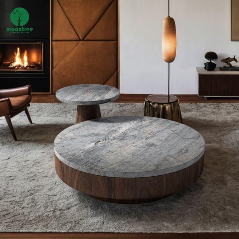 Moontree Round Onyx Coffee Table with Multi-Cylinder Walnut Base
