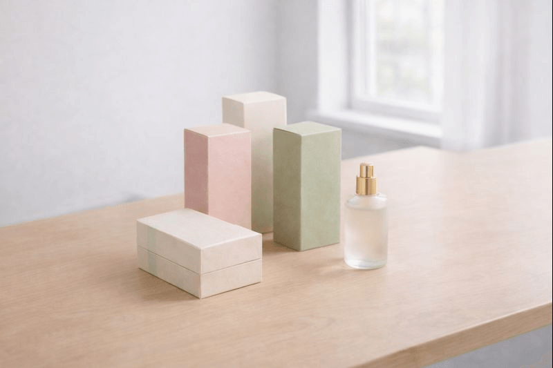 Retail folding cartons for cosmetics and skincare products with clean minimalist design