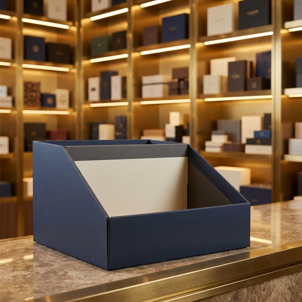 dump bin display box mockup in luxury showroom with soft-focus shelves