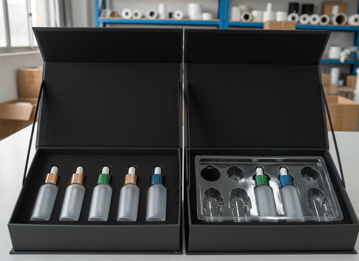Custom insert layout for glass bottle beauty product kit packaging