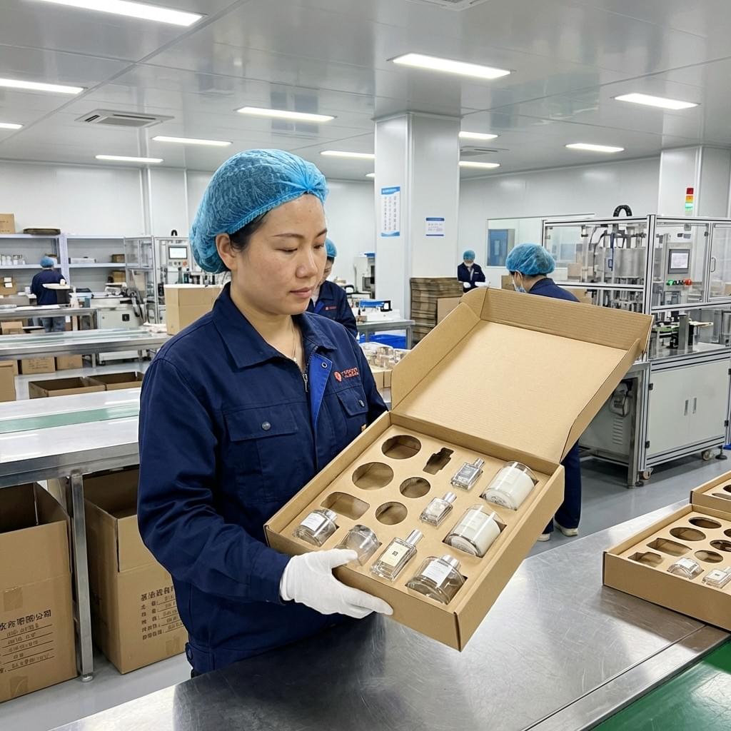 Chinese worker assembling paperboard insert for perfume and diffuser gift sets