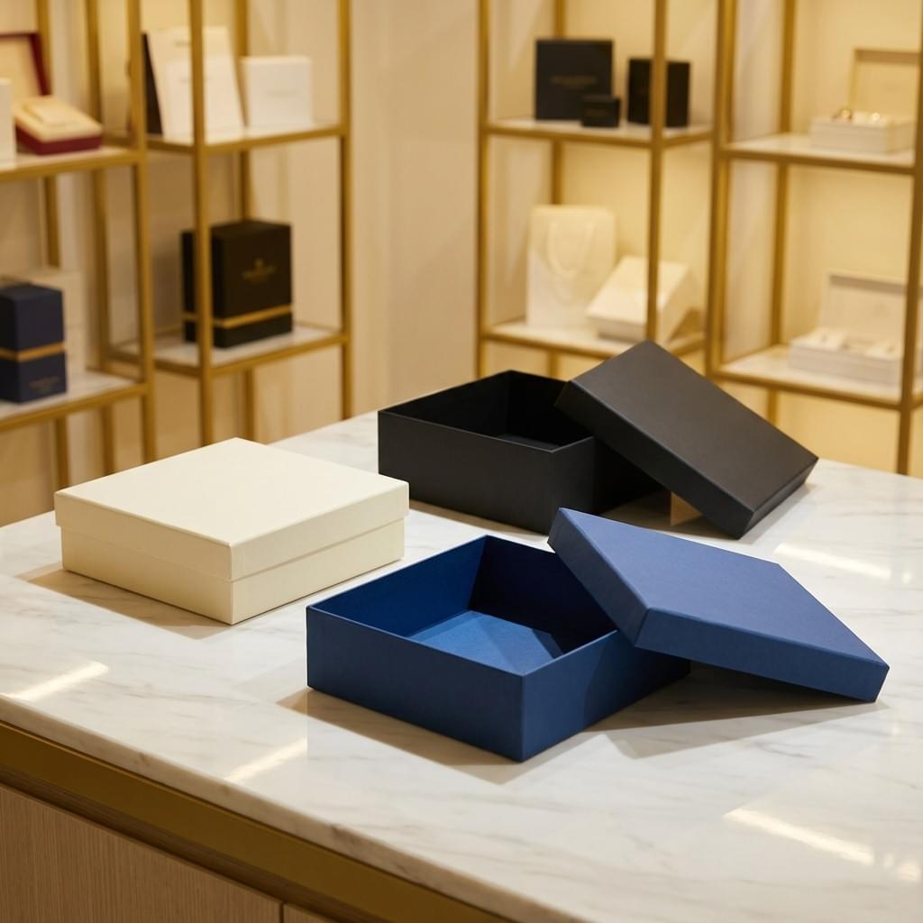 Classic lid and base rigid boxes for premium packaging, featuring sturdy structure and clean finishing in a sample room setting