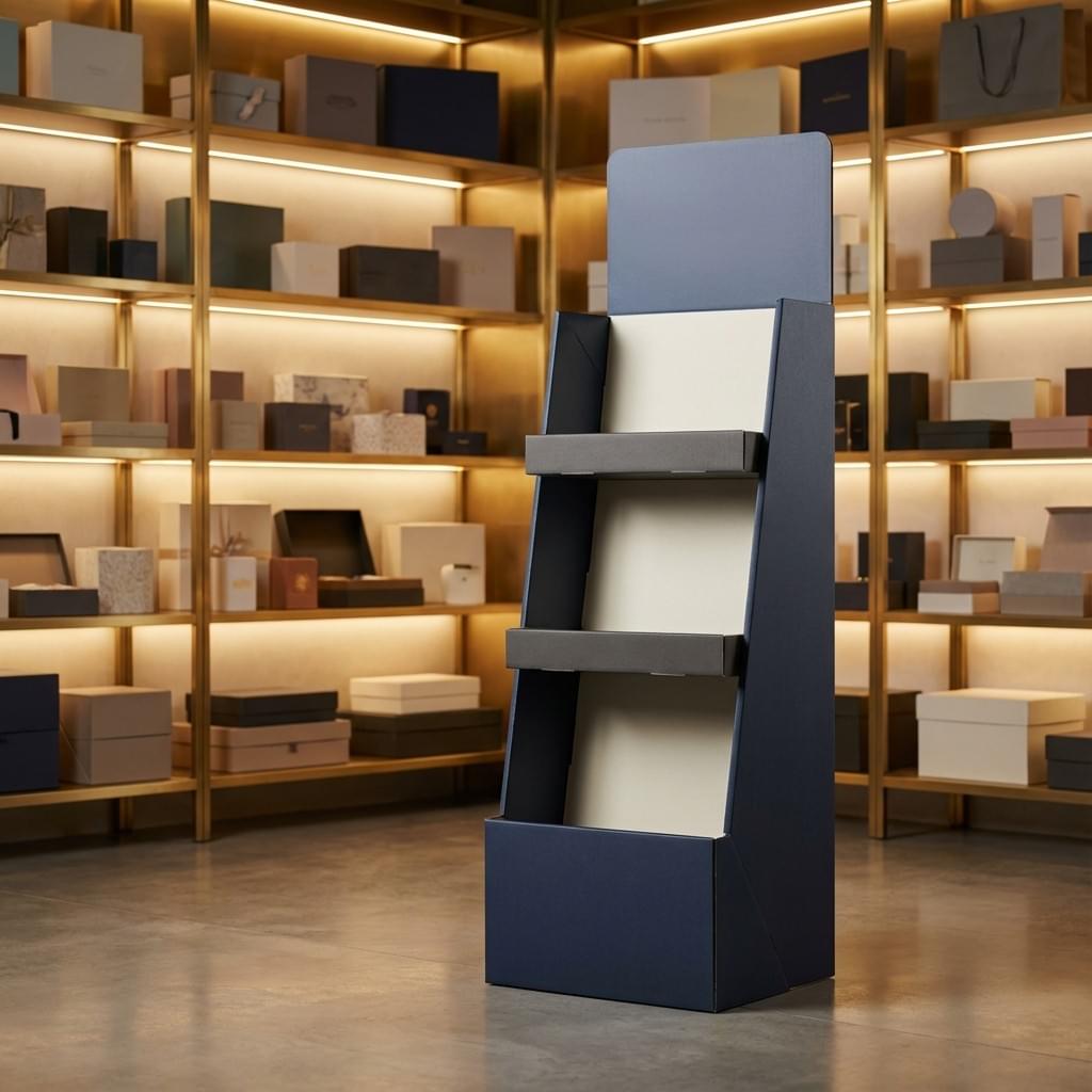 floor display stand packaging in luxury showroom with softly blurred shelves