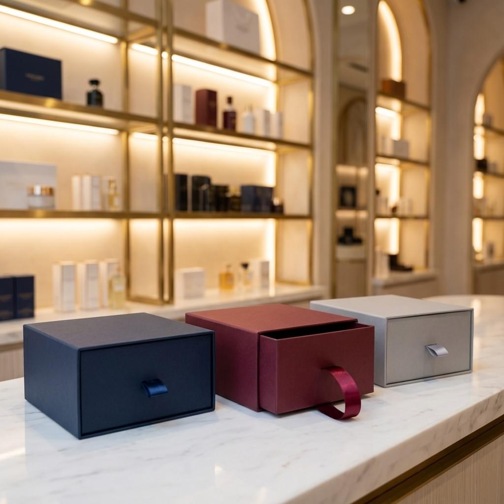 Three ribbon pull drawer boxes with satin pull tabs, with one tray partially pulled out for a premium unboxing look