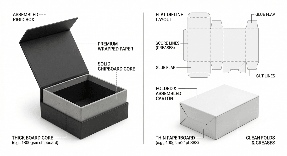 Structure difference between rigid boxes and folding cartons packaging