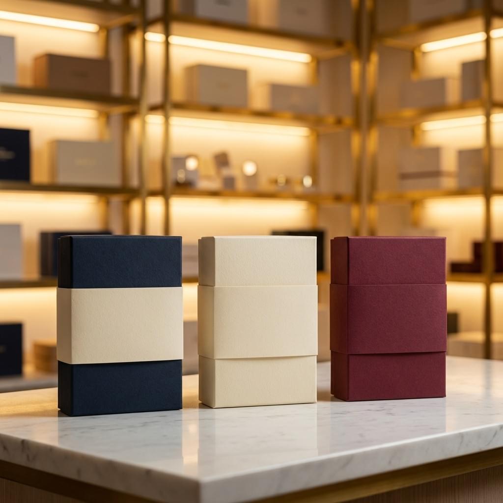 Standard packaging sleeves (belly bands) wrapped around rigid boxes on a marble counter in a luxury showroom.