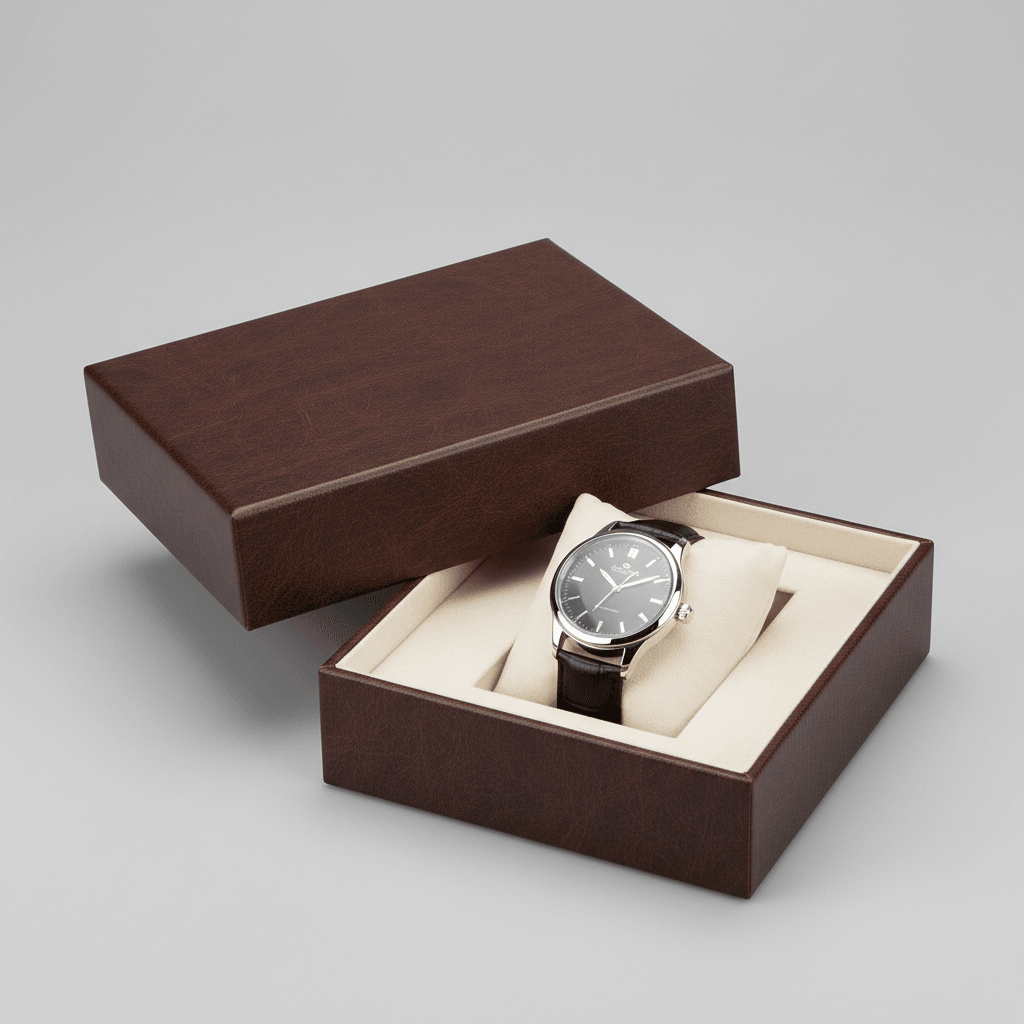 Lid and base watch gift box with watch pillow and unbranded wristwatch