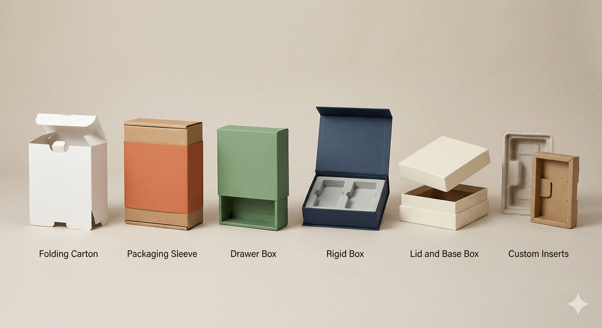 different custom packaging box styles comparison including rigid boxes folding cartons drawer boxes lid and base boxes packaging sleeves and inserts