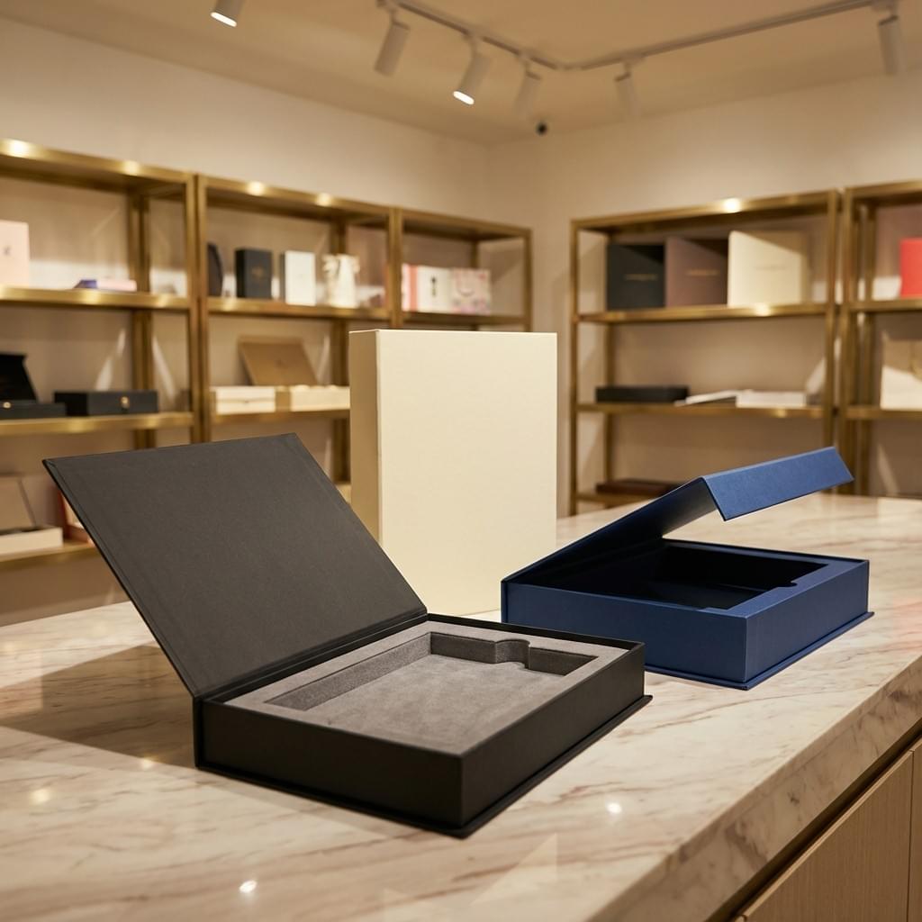 Premium book-style rigid boxes with hinged lids and custom inserts, photographed in a clean factory sample room