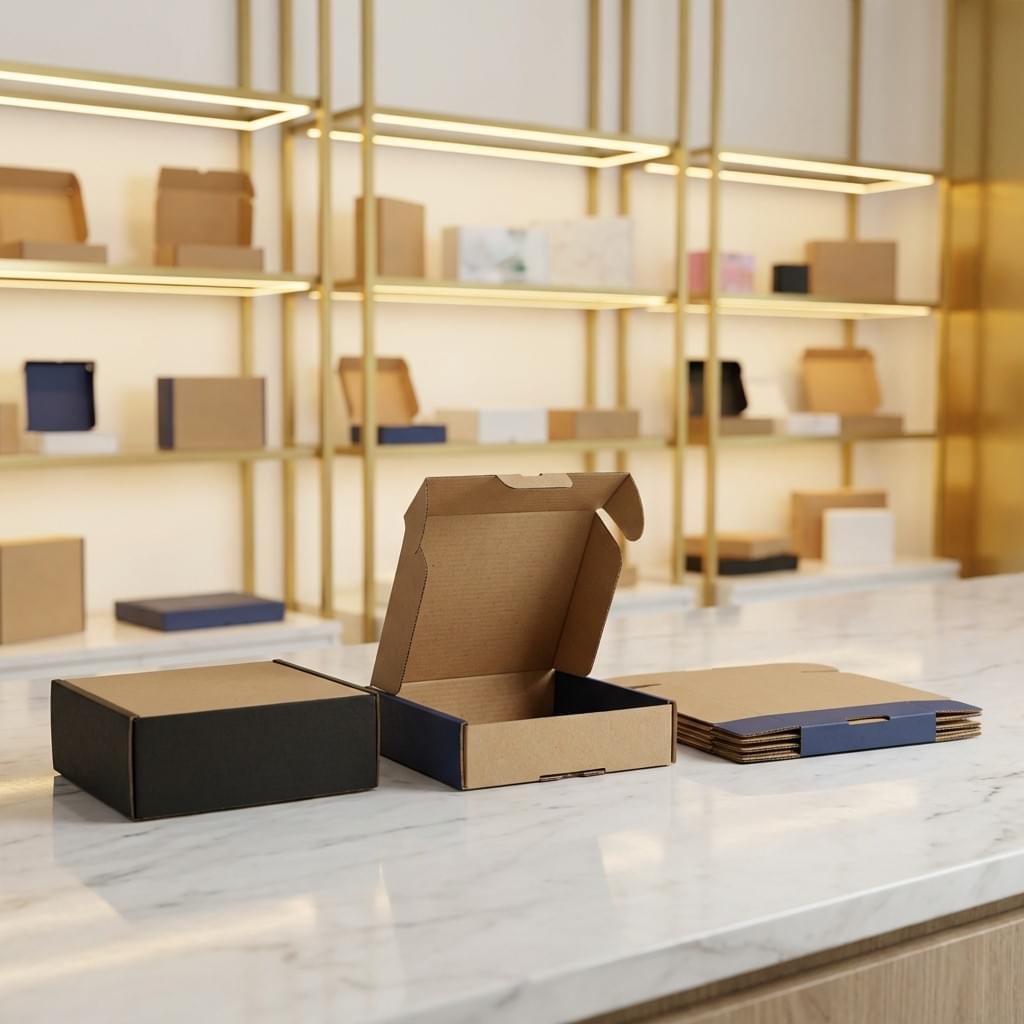 Foldable mailer box with locking tabs on marble counter, one open showing inner structure, luxury showroom blur.