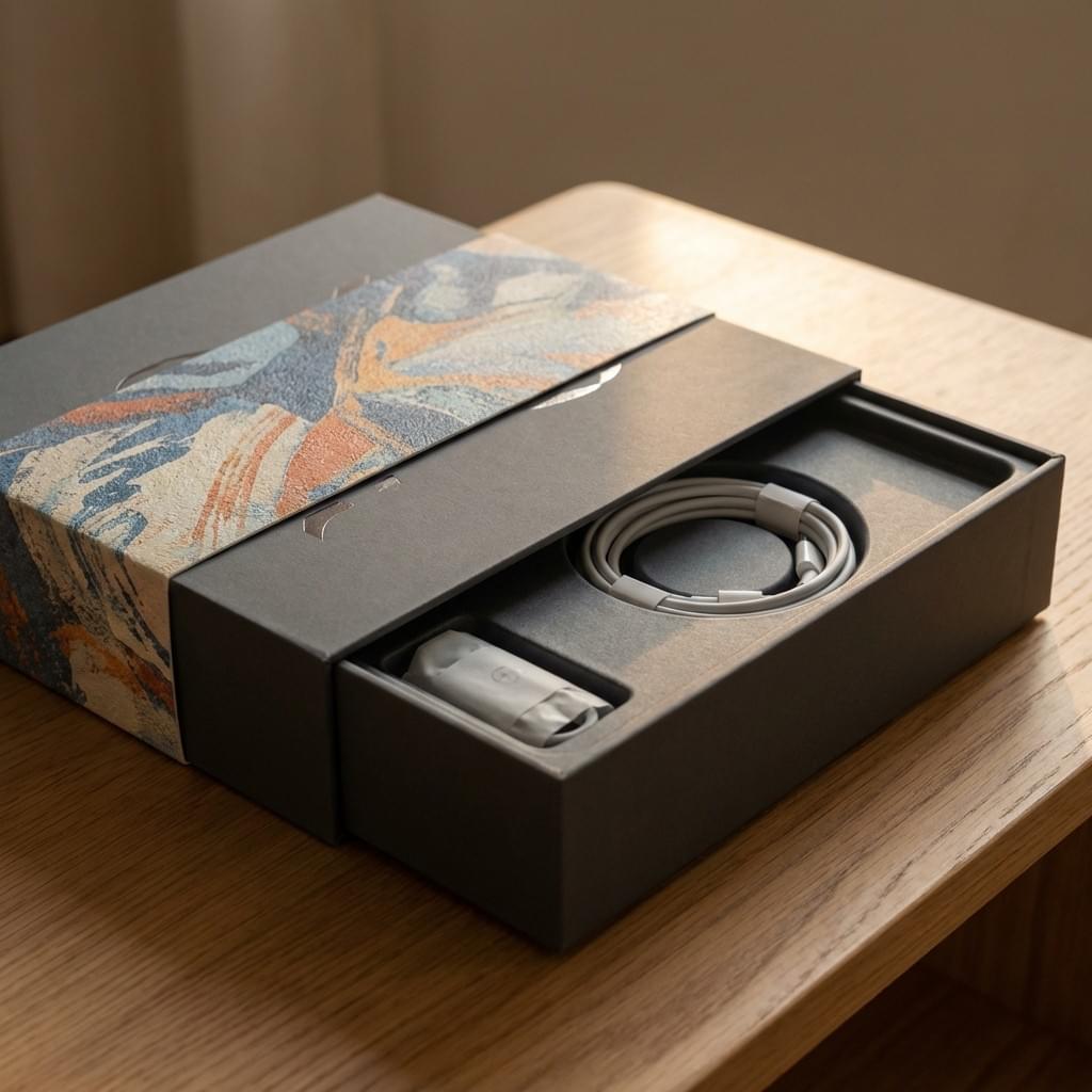 High-end consumer electronics packaging showcasing a premium unboxing experience with a rigid box and refined finish.