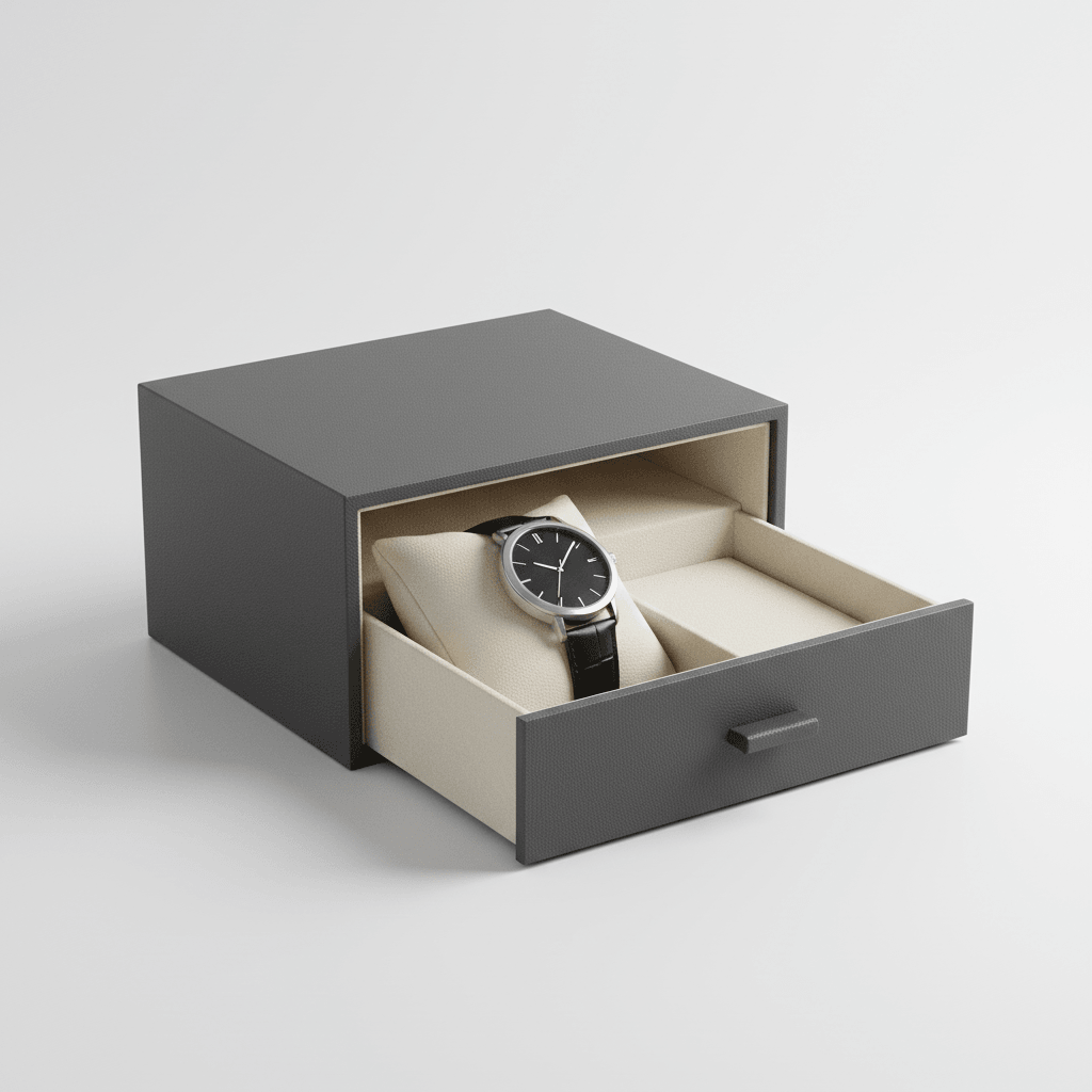 Drawer style watch box with fitted pillow and unbranded wristwatch
