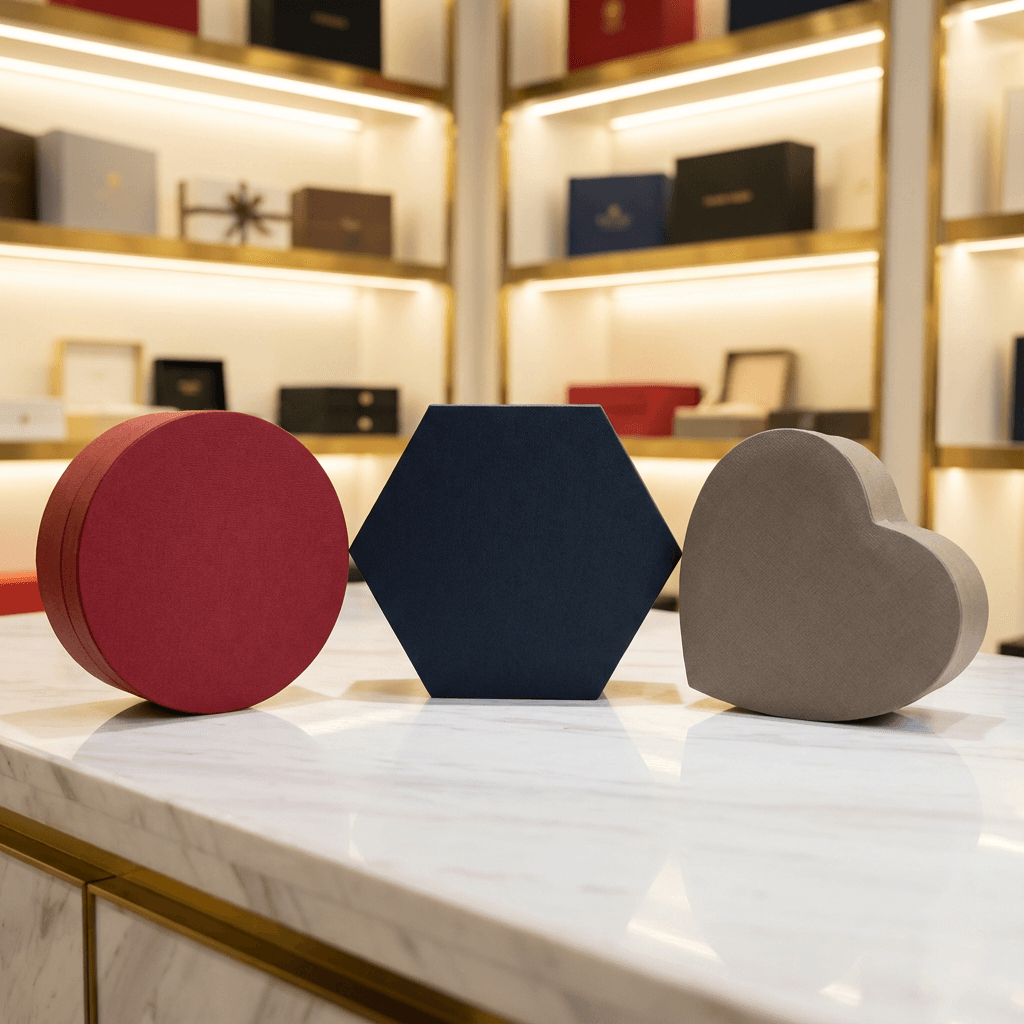 Custom-shaped rigid boxes including round, hexagon, and heart styles for luxury packaging, photographed in a clean sample room