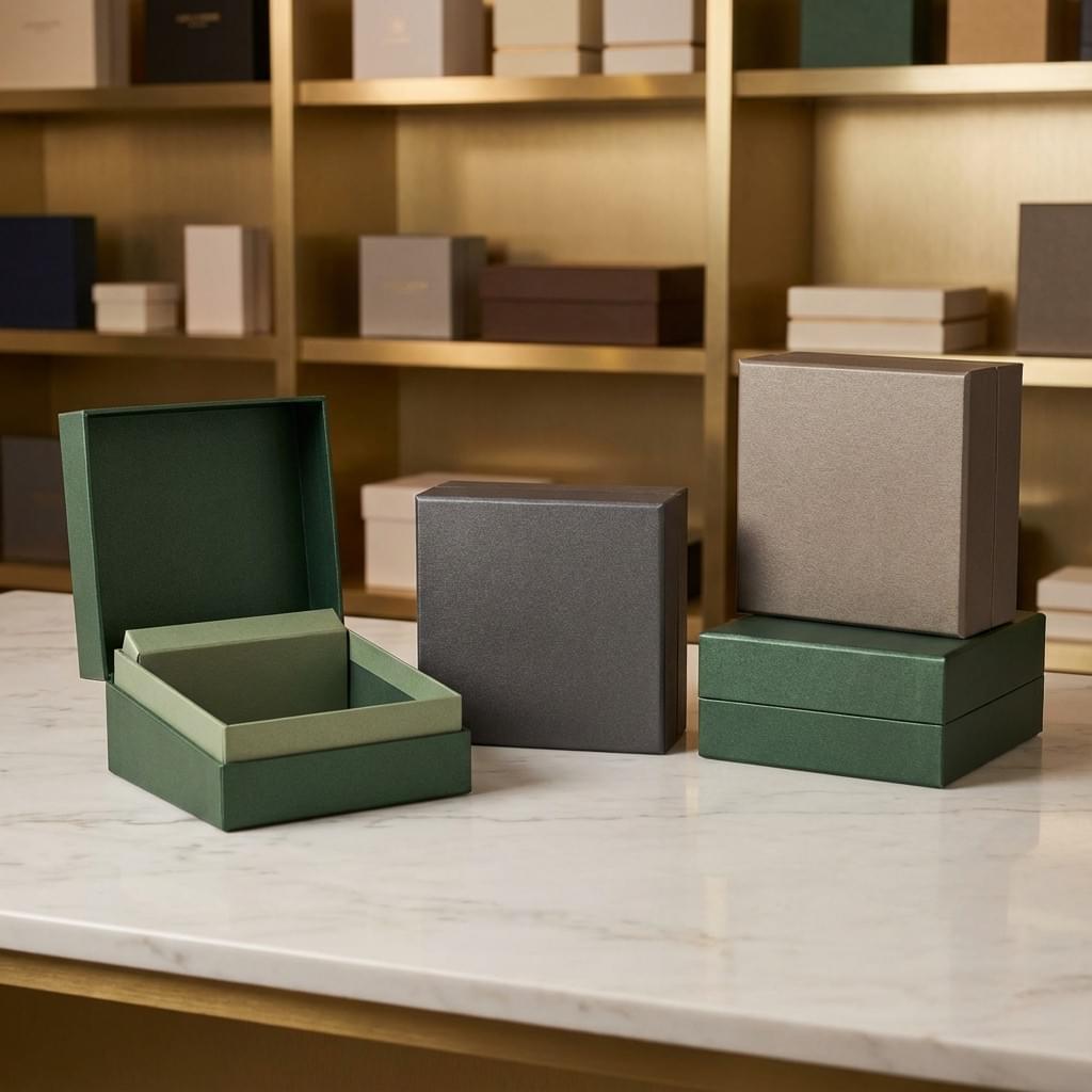 Shoulder and neck rigid boxes with a premium two-piece structure, shown with visible inner shoulder for luxury packaging