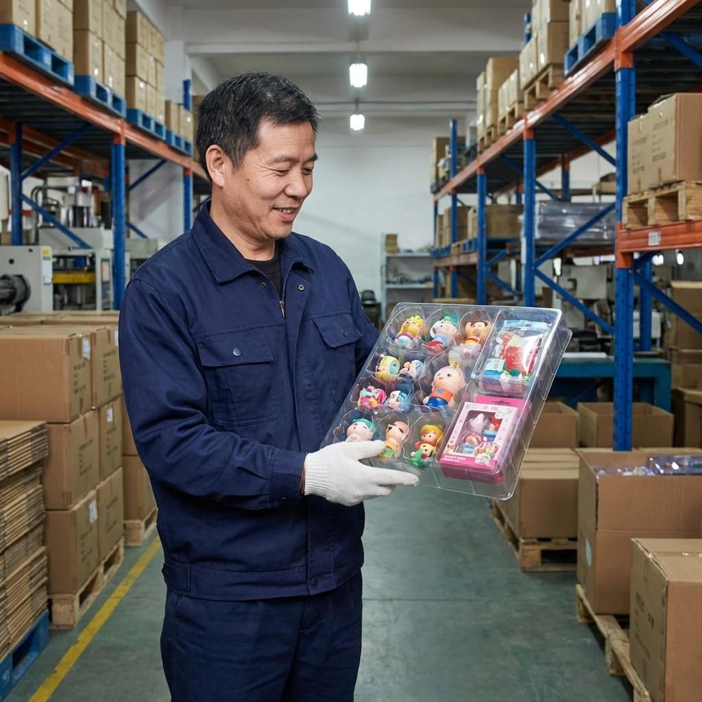 Chinese factory worker presenting a transparent plastic insert designed for toy and gift item visibility.
