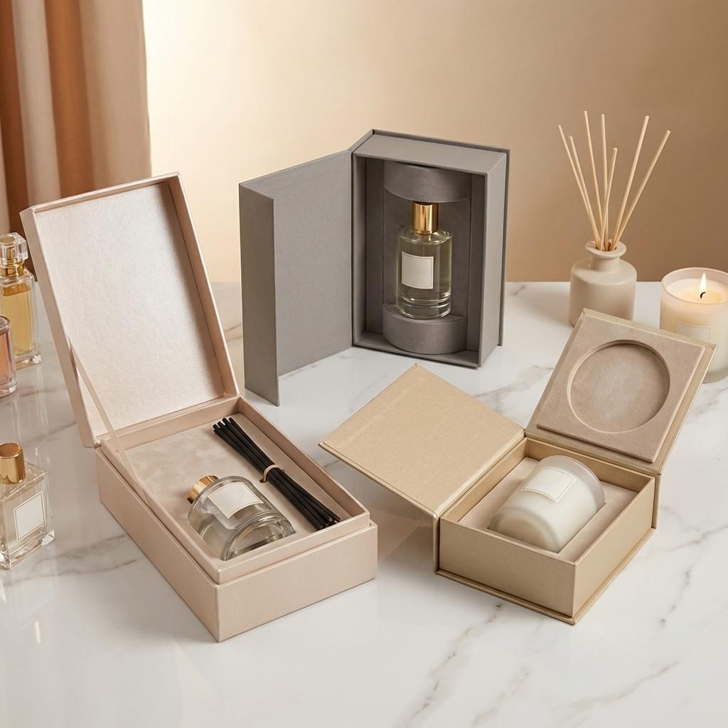 Luxury rigid perfume packaging boxes in lid-and-base, magnetic, and book-style structures designed for high-end fragrance and home scent products.