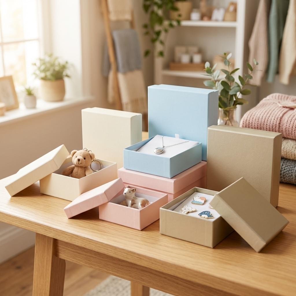 Premium toy and gift packaging boxes with elegant finishes displayed on a warm boutique-style tabletop.