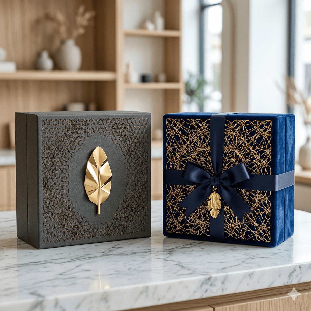 A sophisticated still-life composition of two text-free, luxury rigid gift boxes resting on a marble surface within a minimalist luxury boutique. The charcoal grey rigid box features an intricate, microscopic network of nano-scale geometric patterns and a highly polished, textless abstract-geometric gold sculpture of a nano-banana leaf where a logo once was. Next to it, a deep blue velvet gift box, completely devoid of text, showcases complex gold foil patterns resembling a biological-technological nano-fiber filigree network, and features a silk ribbon with a small, clean golden banana leaf charm. Soft natural light highlights the contrasting advanced textures.