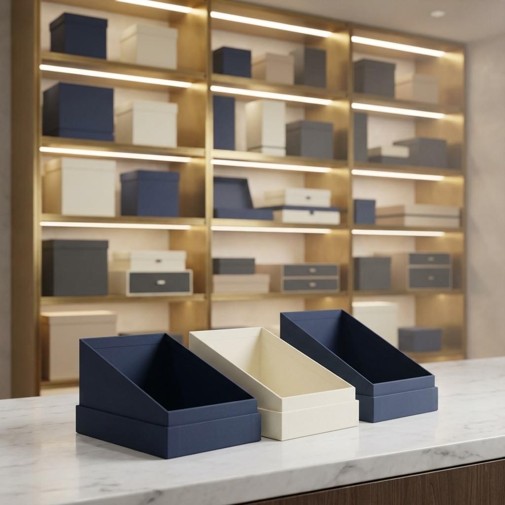 Countertop display boxes on a marble counter with backlit shelves filled with premium packaging boxes.