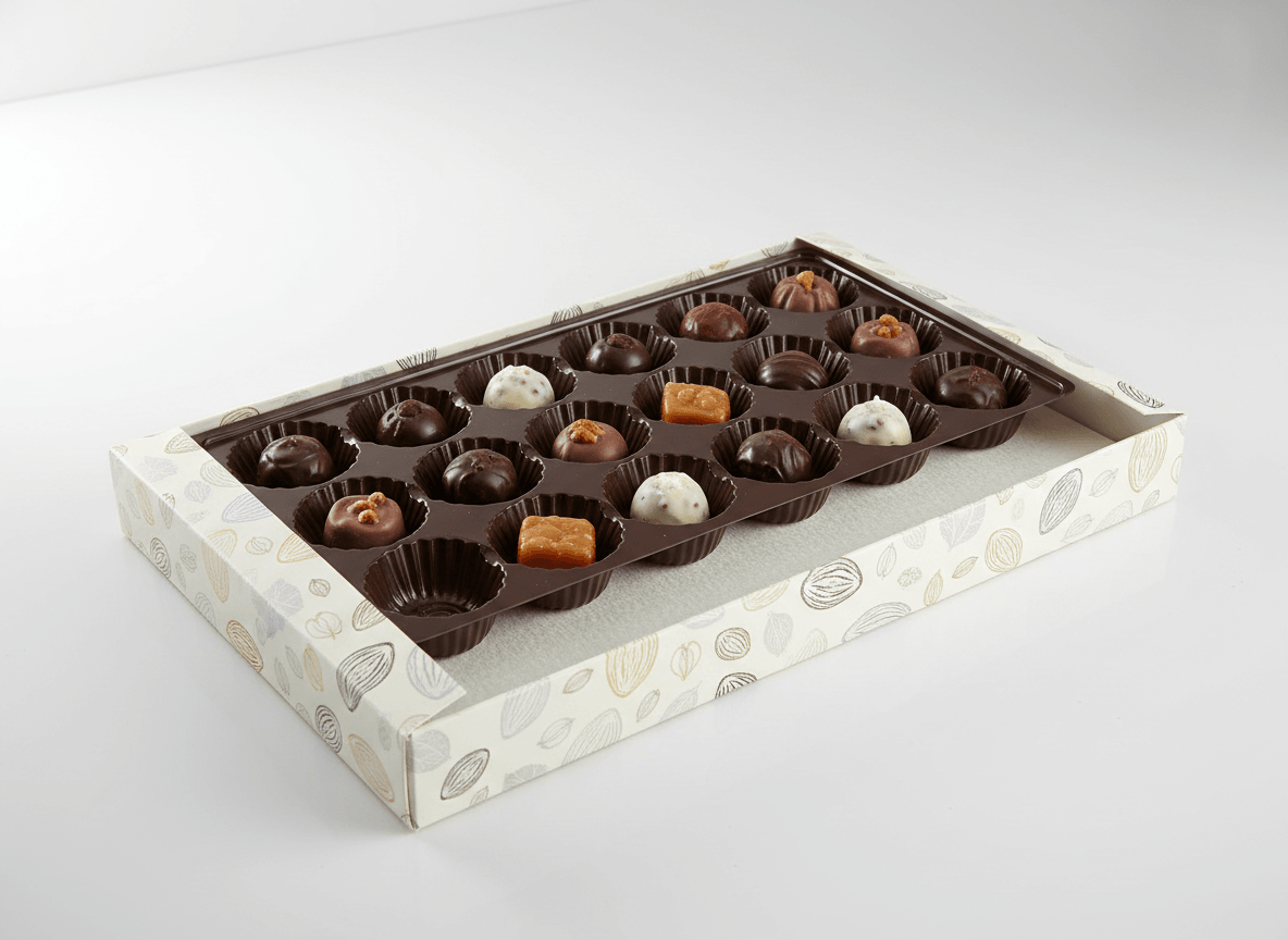 Chocolate tray insert layout with paper pad and packaging sleeve