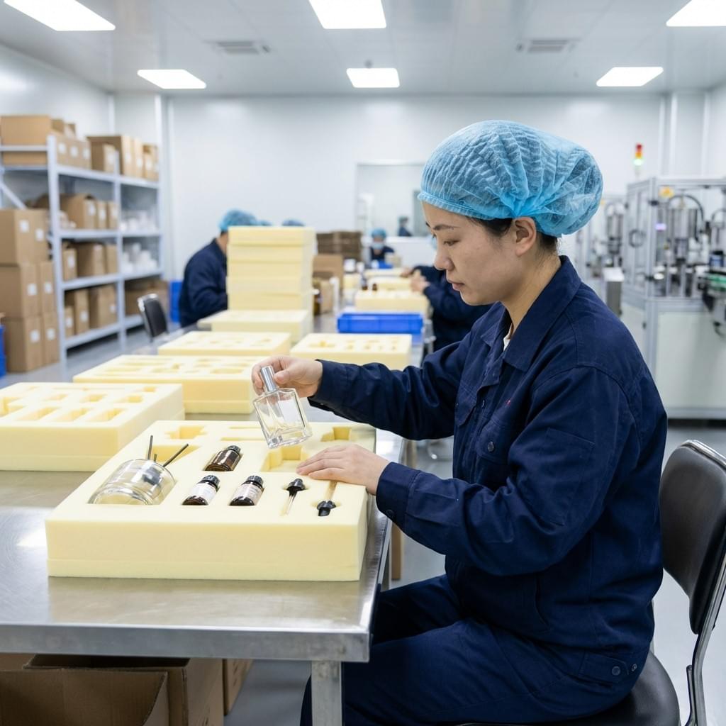 Foam insert for fragrance bottles being inspected by Chinese factory worker