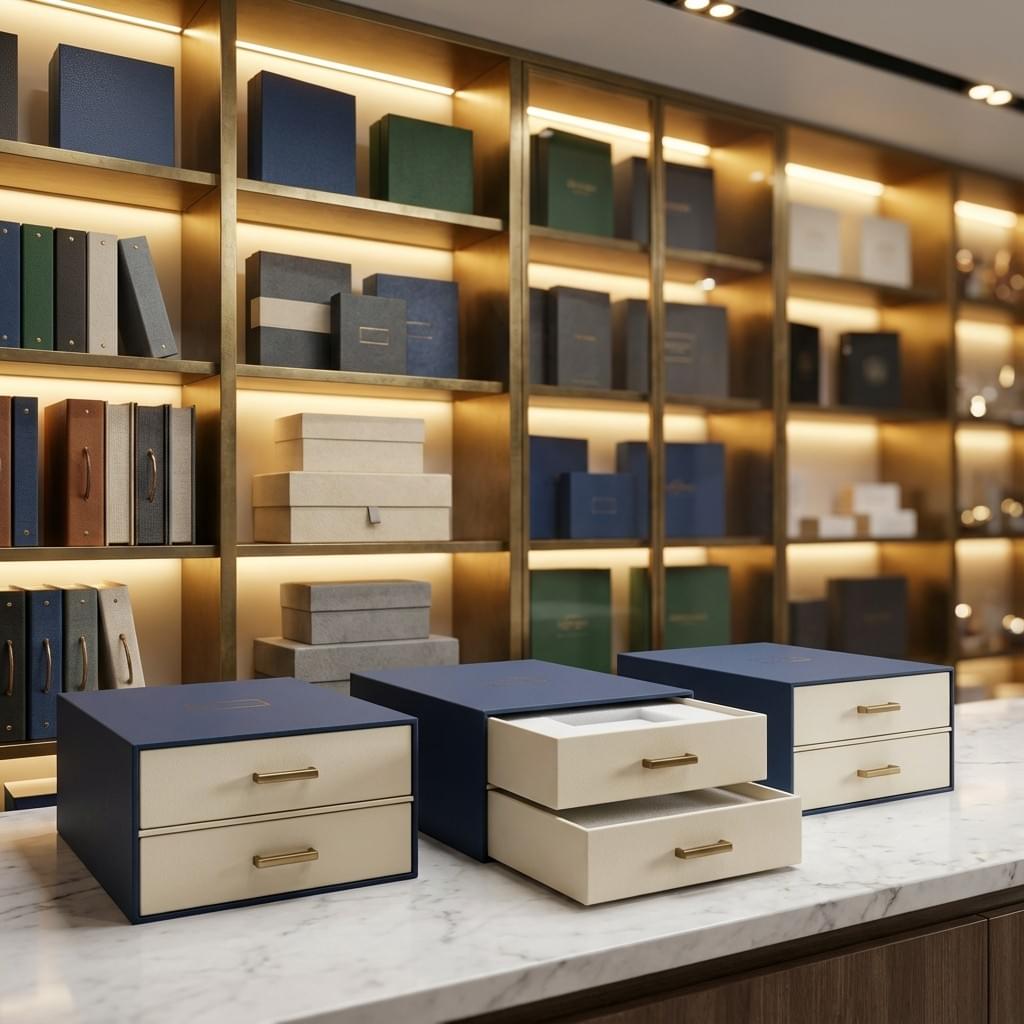Three two-tier drawer boxes on a marble counter, with one top drawer partially opened to show the stacked layers and insert.