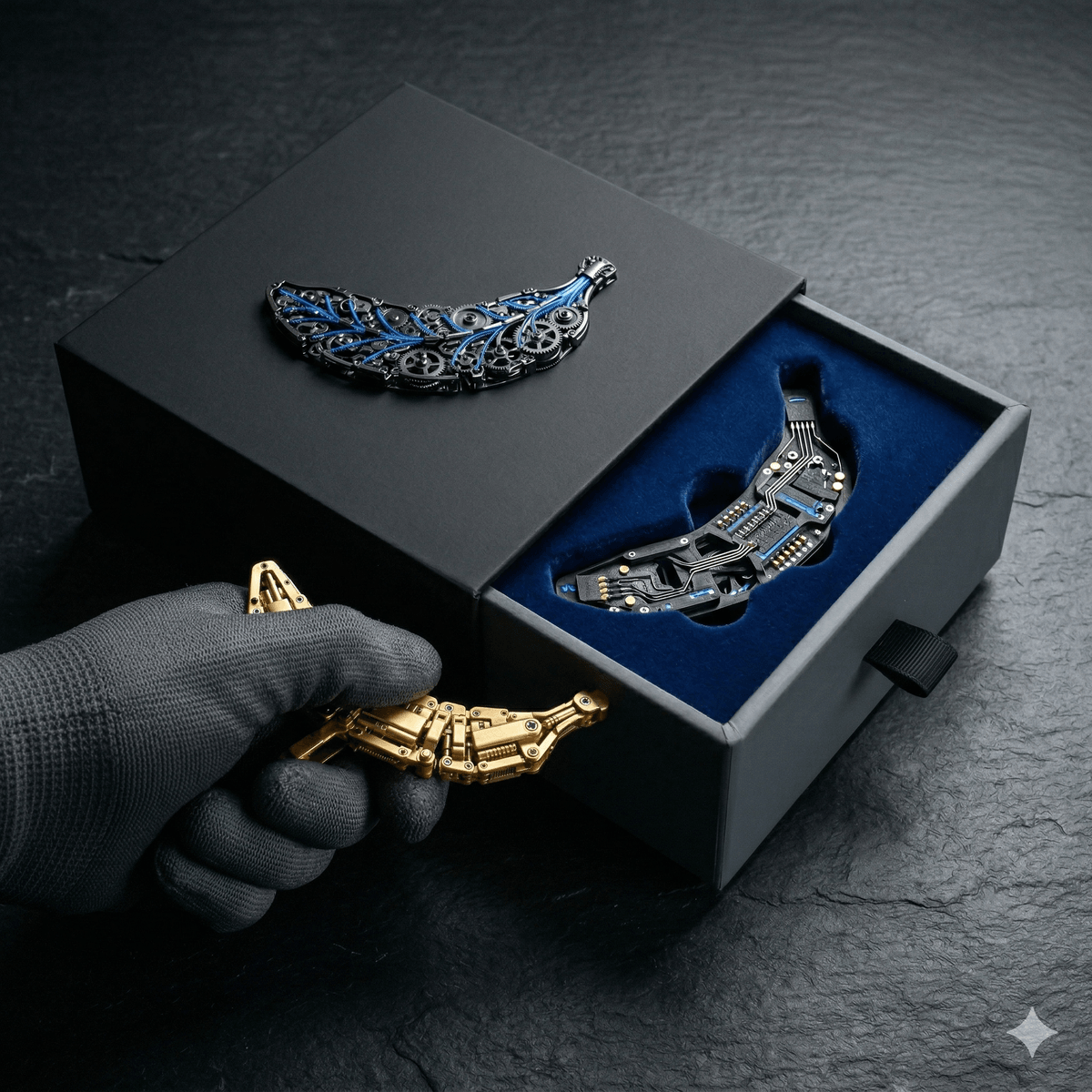 A dynamic, text-free close-up photograph capturing the innovation of drawer box engineering. On a dark slate surface, a gloved hand is mid-motion pulling a dark grey drawer from a matte black outer sleeve. The black sleeve, completely devoid of text, is adorned with a central, complex textless nano-banana leaf emblem made of interlocking micro-precision gears and tiny, glowing blue fiber optic nano-filaments. The golden drawer handle is a precision-engineered, complex structure of micro-components forming a functional, multi-segmented banana shape. As the drawer is pulled open, a custom-molded velvet insert reveals a glimpse of an intricate, textless device made of carbon nanotube composite with tiny, active nano-scale contacts. Focused light highlights technology textures and engineering precision with no visible text.