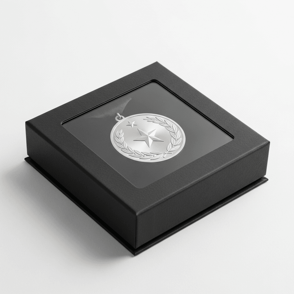 Window medal display box for retail and collectible presentation