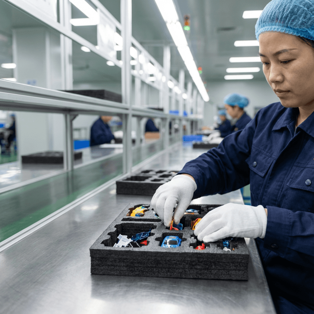 EVA foam insert assembly in a Chinese packaging factory, showing a worker fitting toy items securely into shock-absorbing cavities.