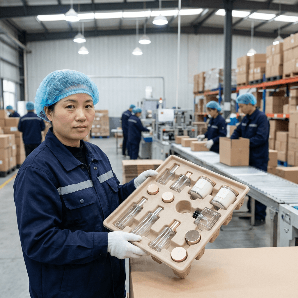 Eco-friendly molded pulp insert for fragrance products inspected by Chinese worker