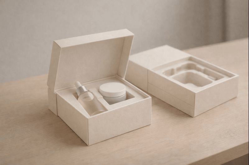 Rigid box with custom insert for skincare bottle and jar protection during shipping