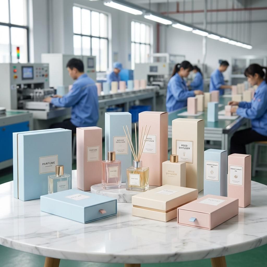 Assorted fragrance packaging boxes displayed in a modern factory setting, highlighting flexible solutions for retail, home scent, and lifestyle fragrance brands.