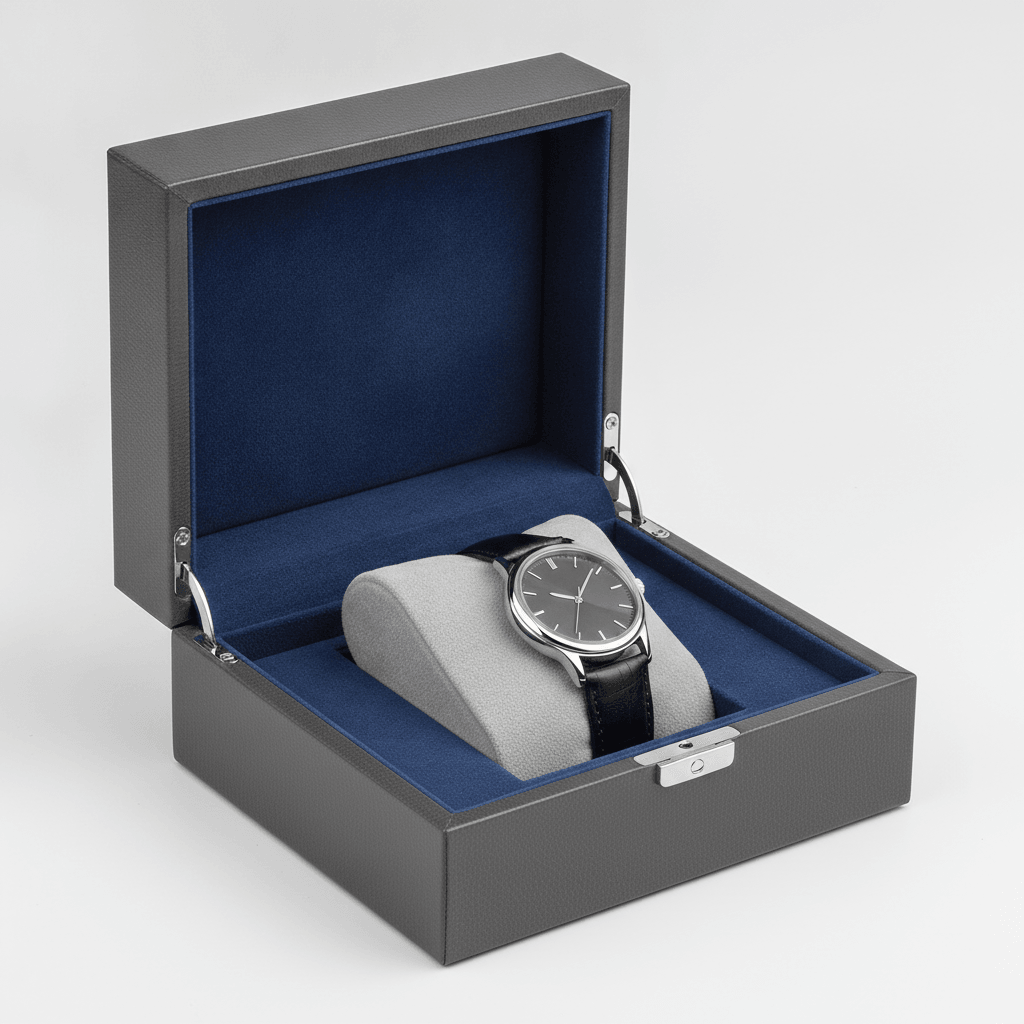 Open hinged watch box with metal hinges and unbranded wristwatch