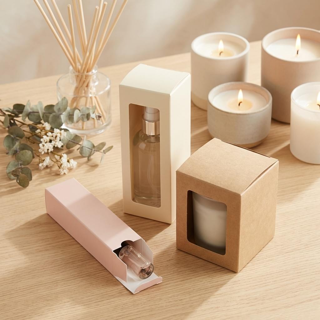 Cost-effective folding cartons for perfumes, room sprays, and small candle jars, designed for lightweight fragrance and home scent SKUs.