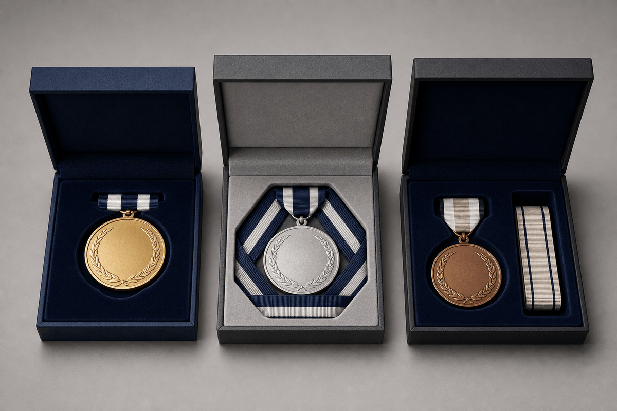 Three custom medal boxes showing different fitted ribbon storage layouts