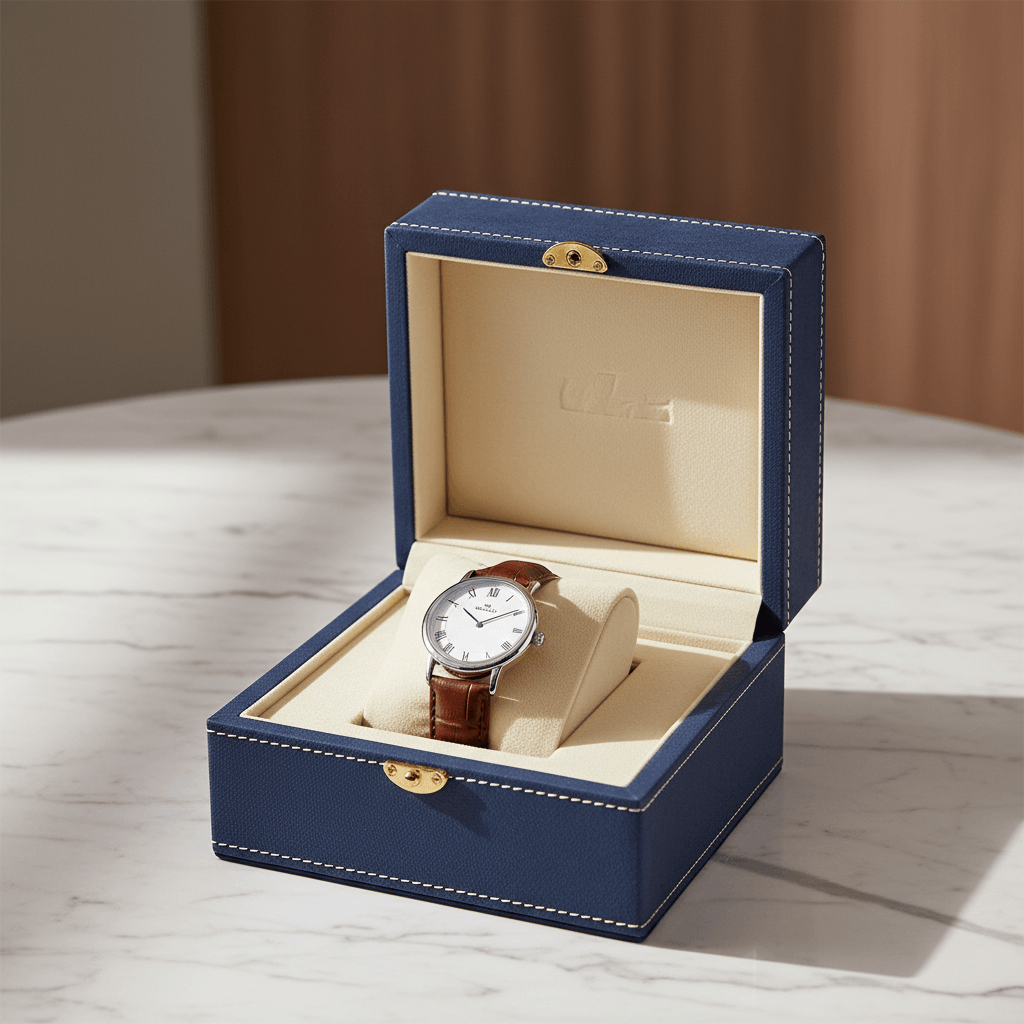 Luxury custom watch box with unbranded wristwatch on velvet pillow
